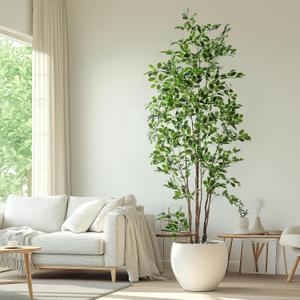 Artificial Ficus Tree Indoor 8ft, Large Potted Faux Tree with Realistic Silk Leaves & Trunk for Home Office, Living Room Corner Decor (White Green)