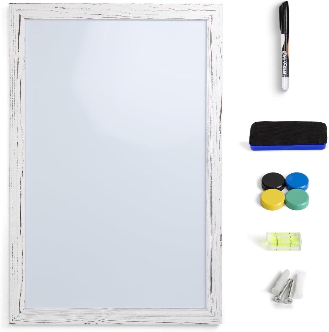 Real Wooden Framed Magnetic Dry Erase Whiteboard, 24" X 36", Vertical/Horizontal Wall Mount, Includes Black Marker, Eraser and 4 Magnets, by Better Office Products (Whitewash)