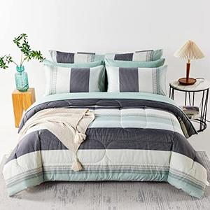 RYNGHIPY Sage Green Striped Comforter Set, Geometric Lightweight Soft Bedding Set, All Season Down Alternative Men Boy Comforter with Sheets Pillowcses (Queen,Sage Green) 90x102,  20x30 in