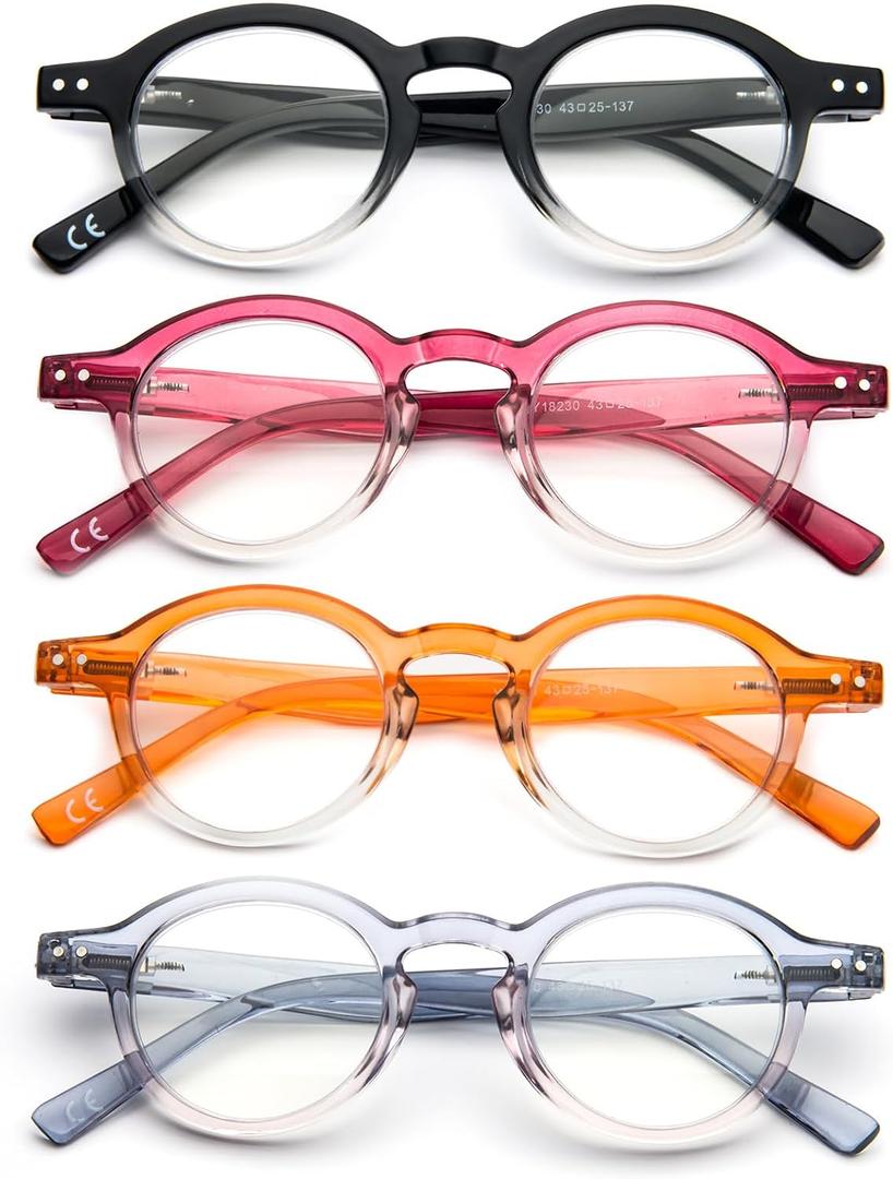 4-Pack Small Round Reading Glasses Comfortable Readers Colored Stylish Frame for Women