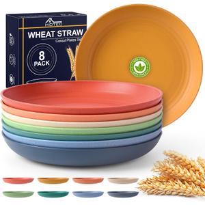 HOTEC 8-Pack 10inch BPA Free Unbreakable Deep Dinner Plates, Wheat Straw Plastic Plates Dishwasher Safe Kitchen Plates Dinnerware Multicolor