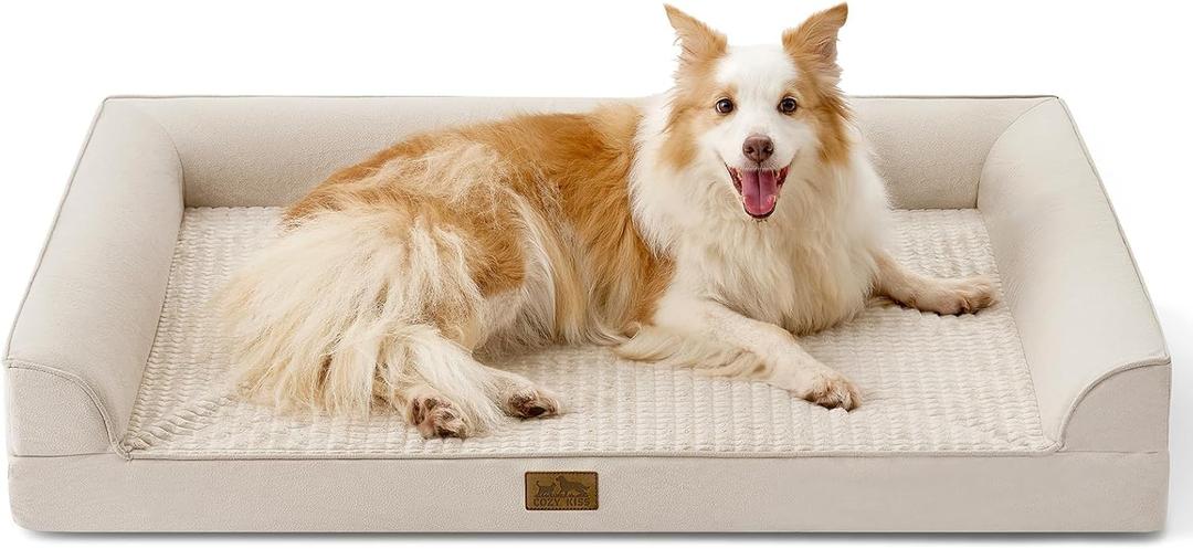 COZY KISS Orthopedic Dog Beds for Large Sized Dog, XL Bolster Pet Couch with Waterproof Lining, Egg Crate Foam Sofa for Pets Up to 100 lbs, U-Shaped, 44x32x7 inch, Beige