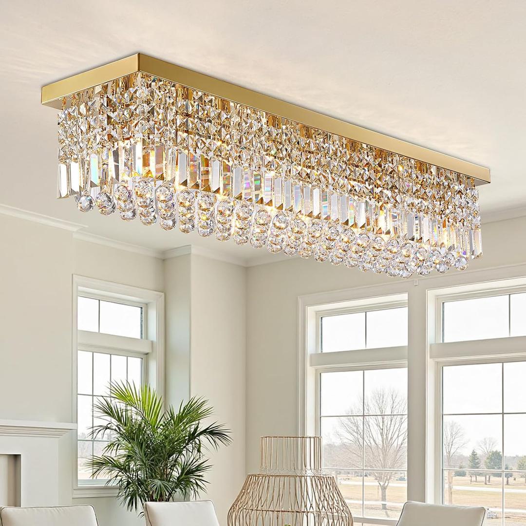 Modern Crystal Chandeliers for Dining Room Light Fixture, 8-Light Gold Rectangle Chandelier Ceiling Light for Kitchen Island Living Room, L39.4 Inch, L39.4"XW10"XH10"