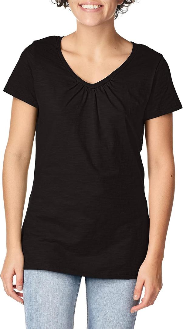 Hanes Women's Shirts, Slub Cotton Shirred V-Neck Tee, Cotton T-Shirts for Women, Womens Tee Shirts (XX-Large, Black)