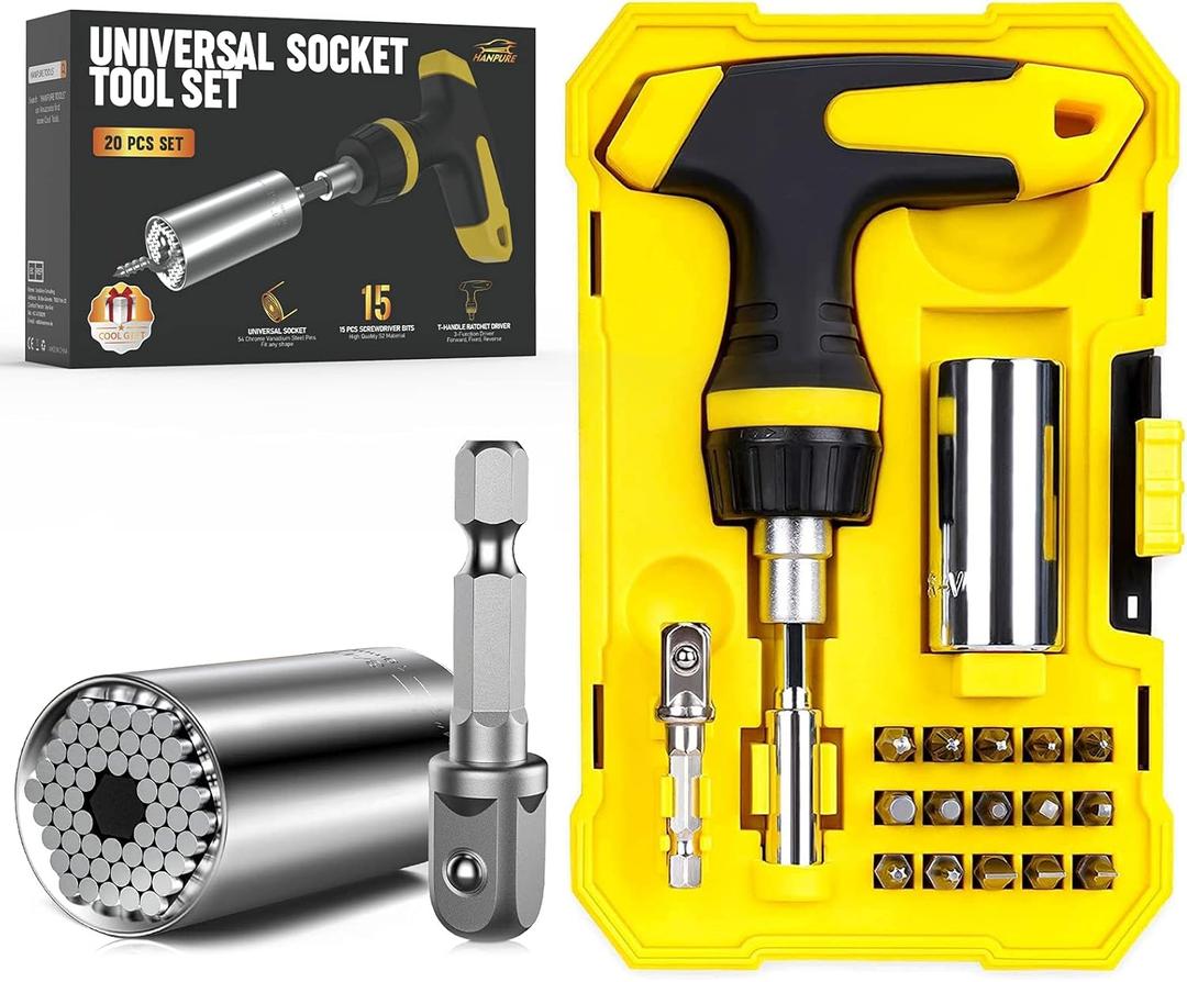 HANPURE Stocking Stuffers for Men & Women - Cool Stuff Magnetic Ratchet Screwdriver Set with Power Drill Adapter - Super Universal Socket Grip Gadgets for Him & Her