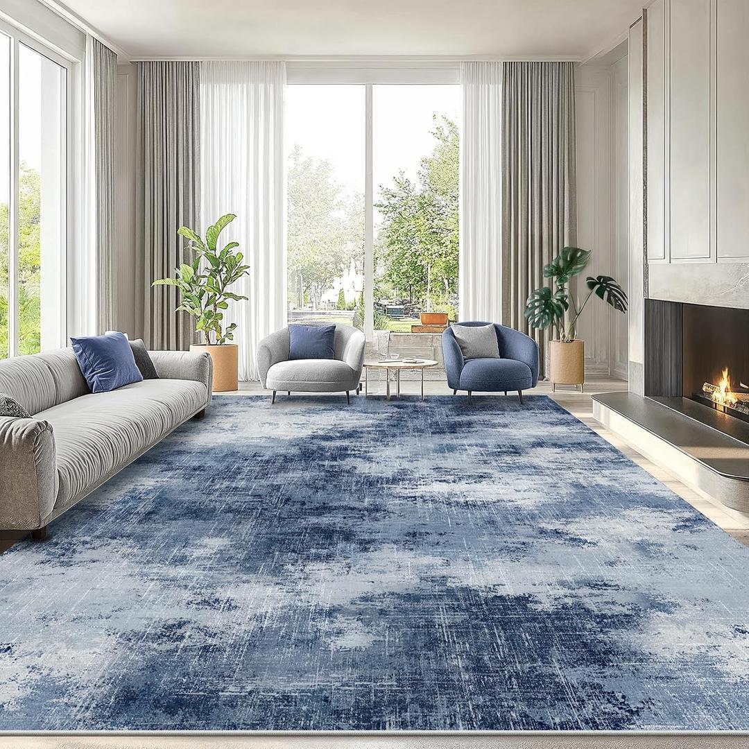 AMADA Washable 8'x10' Abstract Area Rug for Living Room Dark Blue