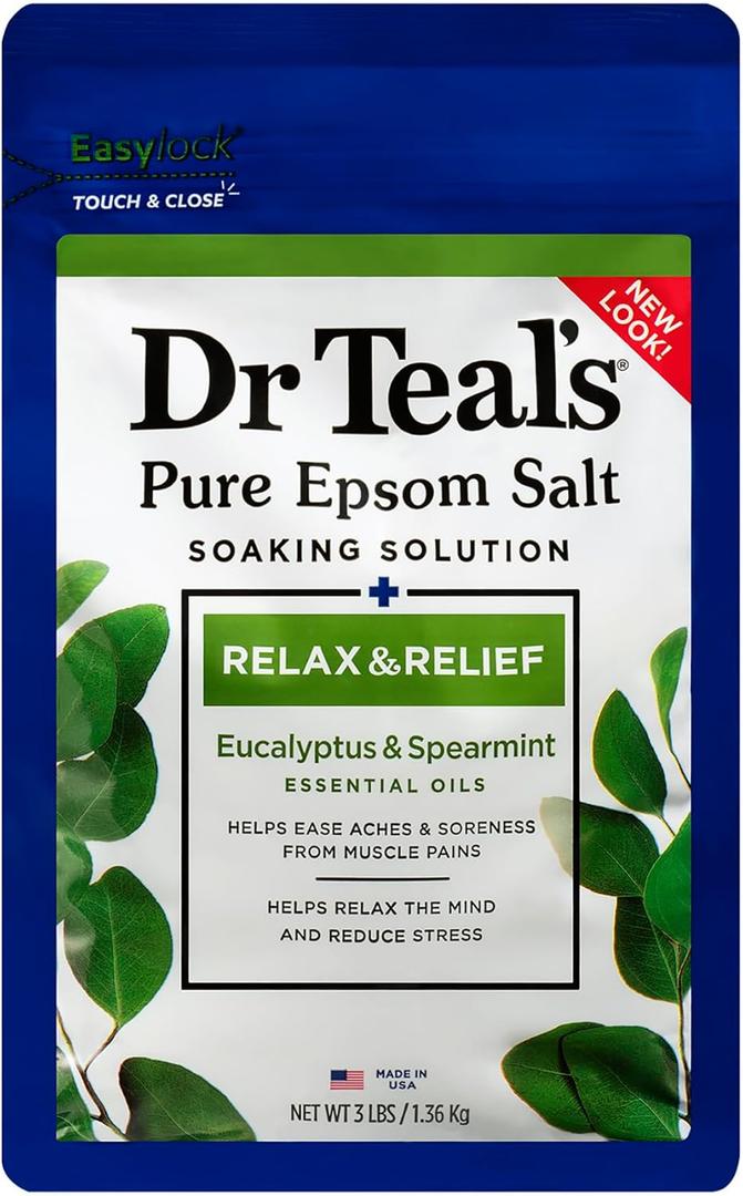 Dr Teal's Epsom Salt Magnesium Soak, Relax & Relief with Eucalyptus & Spearmint Essential Oils, 3 lbs (48 Ounce (Pack of 1))