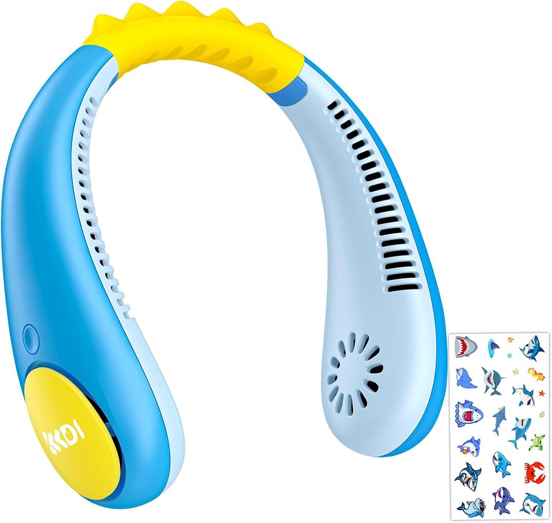 Kids Neck Fan with Shark Sticker, Bladeless Fan for Kids, Safe Portable Rechargeable Cooling Fan for 4-14Y Boys, 2600mAh Personal Fans for Your Neck, 4 Speeds & Lightweight, Summer Gifts for Kids (Dark Blue-Shark)