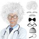 Jnnzzggu 8 PCS Old Man Mad Scientist Wig Set, Crazy Old Man Physicist Wig Costume, Lab Glasses Mustache Physicist Costume