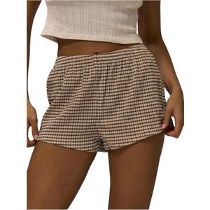 Women's Micro Mini Gingham Shorts Mid Rise Mini Shorts Vintage Summer Outfits (Beige, L)