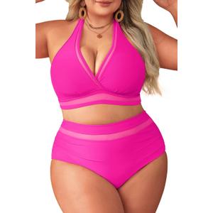 Tempt Me Women Plus Size Bikini High Waisted Swimsuits Mesh Tummy Control Two Piece Bathing Suit, Hot Pink, 18 Plus