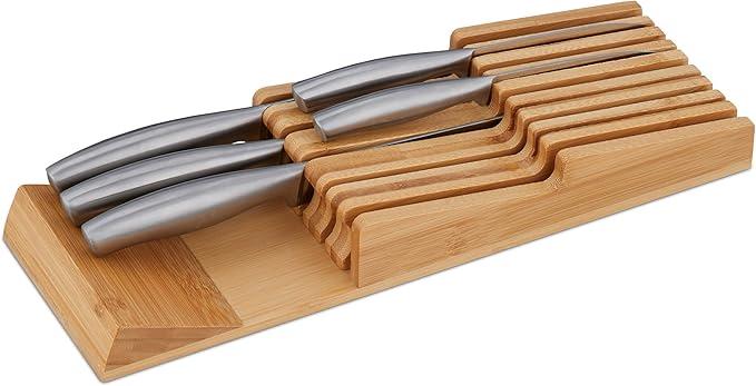 Relaxdays Knife Holder Drawer for 9 Knives and Sharpening Steel, Bamboo Knife Block Lying Down H x W x D: 5.5 x 13 x 40 cm, Natural