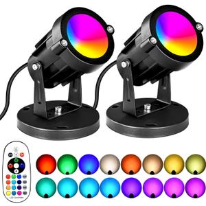 5W RGBW Landscape Lights, 16 Color Changing Spotlight 110V 120V Outdoor Landscape Lighting with Remote for Yard Garden Pathway(2 Pack with Base and Stake)