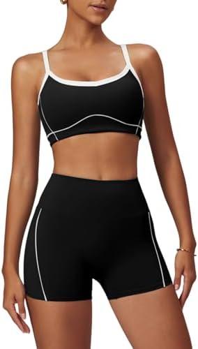 QBGJTD Two Piece Women Workout Sets Color Block Sports Bra and Scrunch Butt Lifting Shorts Gym Yoga Active Wear Outfits, Black, XL