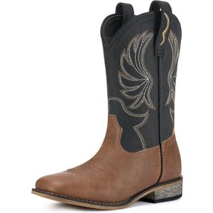 Rollda Kids Cowboy Boots for Boys Girls Western Square Toe Cowgirl Boots with Walking Heel, 5 Big Kid, Black/Tan