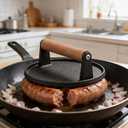 Cast Iron Grill Press - Heavy Duty 2lbs Rectangle Smash Burger & Bacon Press with Wood Handle, Non-Stick Ribbed Grill Weight for Steak, Sandwiches & Perfect Grill Mark