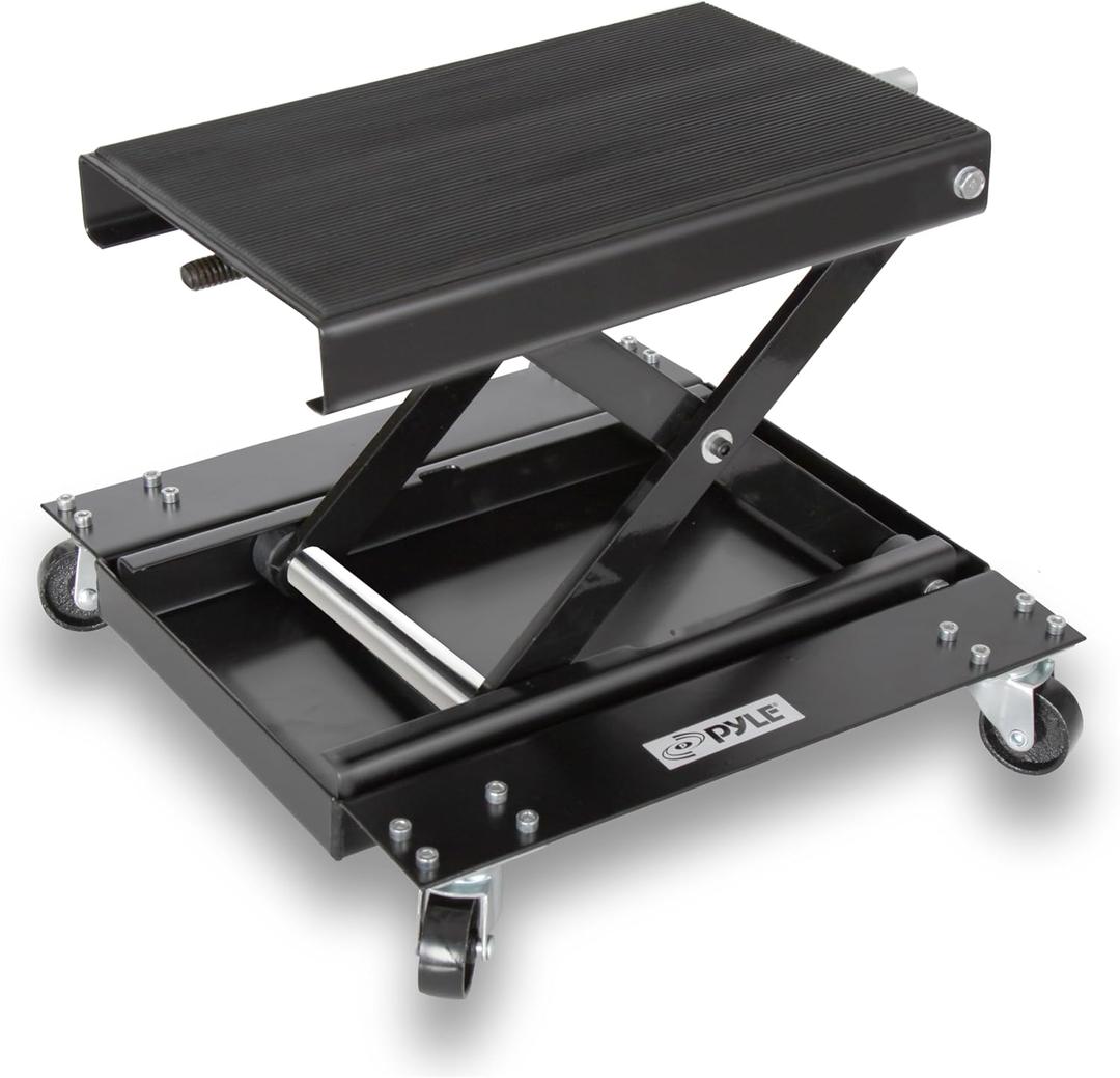 Pyle Motorcycle Lift, Scissor Jack, Dolly, Heavy Duty Steel, 1100 lbs Capacity, Black Powder Coat, Anti-Skid Rubber, Collapsible, Portable, Includes 4 Caster Wheels, Easy Storage, PLMOTJC11