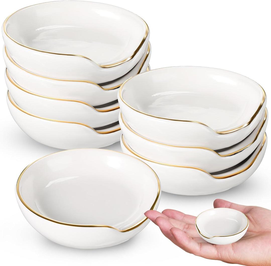 Boao 8 Pieces 2.7 Inches Mini Ceramic Spoon Rests, Kitchen Gold Rim Mini Cooking Spoon Holder for Stove Top Countertop, Teaspoon Rest, Coffee Stir Rest (White)