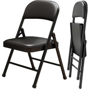 2 Pack Folding Chairs with Leather Padded Cushion and Back, Metal Black Foldable Chair for Indoor Outdoor, Commercial Stackable Guest Chairs for Office Events Wedding Party Kitchen Dining