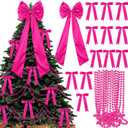 Gejoy Bow Christmas Tree Decoration Set, 30 Pcs Small Bows 1 Pcs 47" x 15.7" Large Tree Topper Satin Bows and Christmas Beads Garland Ornaments, Xmas Bead for Holiday Decor(Rose Red)
