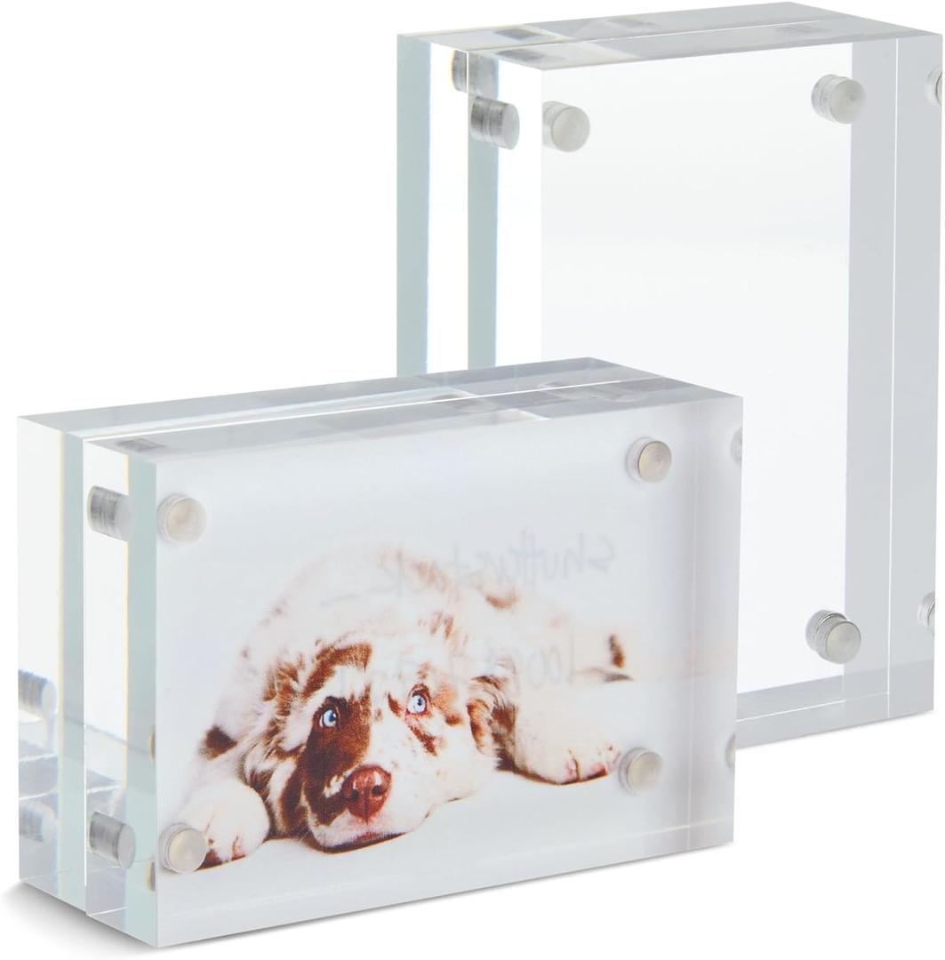 Juvale Magnetic Acrylic Picture Frame - 3 x 2 x 1.2 in Wallet-Size, Clear Polished - Mini Photo Frames Set of 2 for Tabletop & Desktop Photo Display