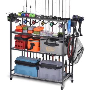 Heavy Duty Fishing Rod Rack, Fishing Organizer for Garage, Fishing Gear Holder for Garage with Movable Wheels