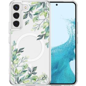 RALEAVO for Samsung Galaxy S22 Case Compatible with MagSafe Clear Floral Cover with Green Leaves Pattern for Girls Women Slim Cute Hard Back Shockproof for S22 5G Phone Case,Transparent