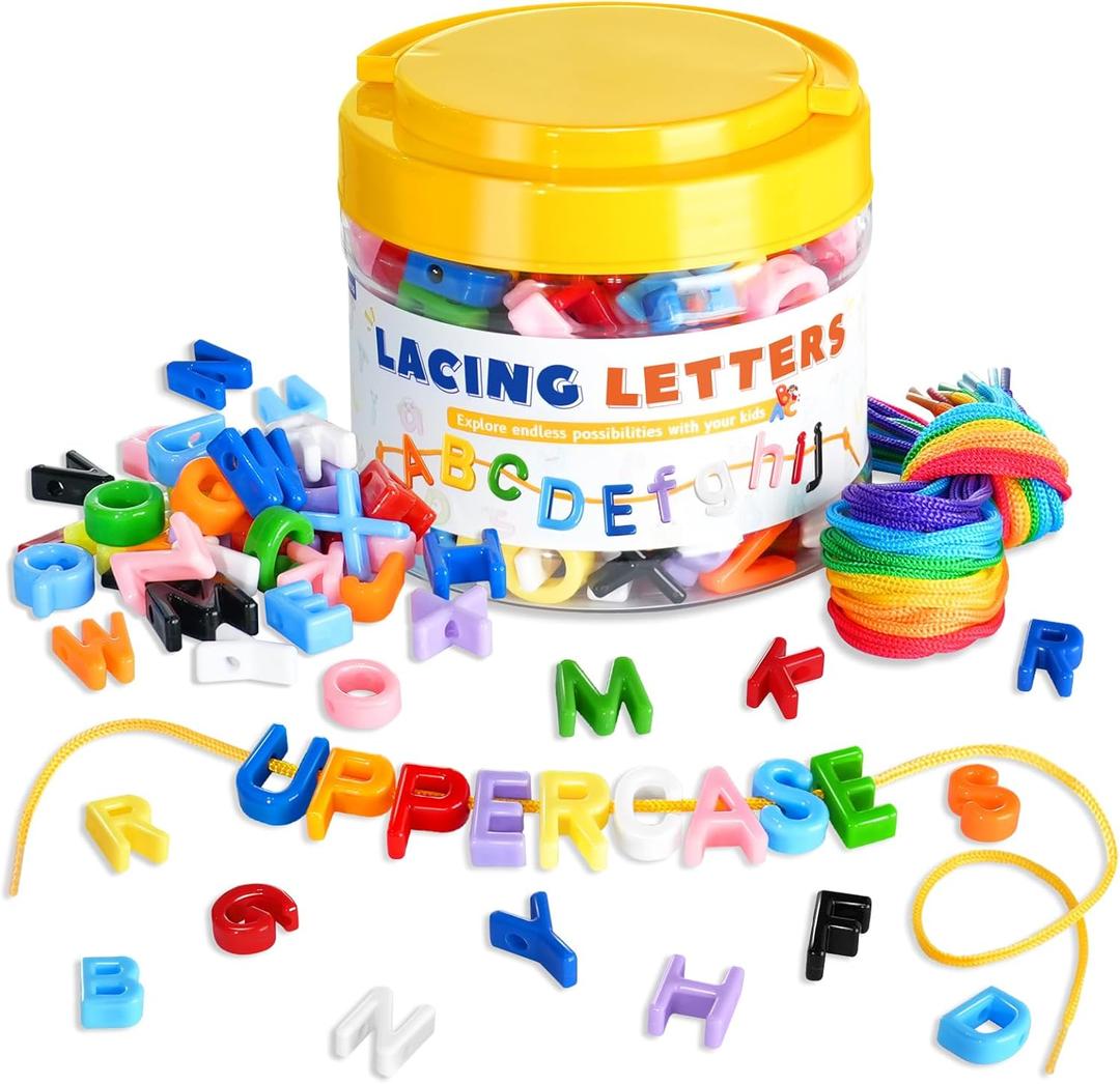 278 Pcs Lacing Letters Beads, Uppercase Alphabet Learning Toys, 10 Color Rainbow Alphabet Beads with 18 Laces, Preschool & Home Educational Toy for Kids Ages 3+, Back to School Supplies