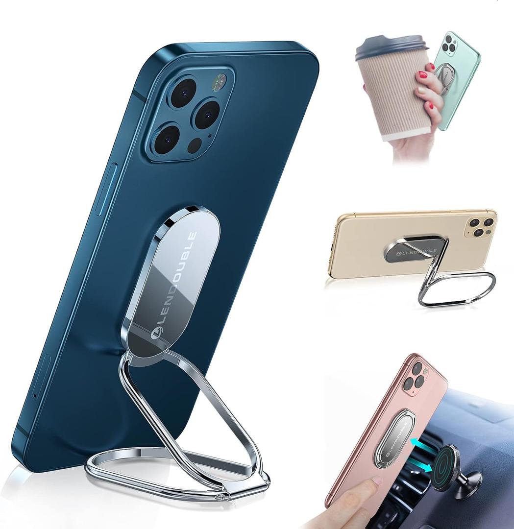 Foldable Cell Phone Stand for Desk, Adjustable Cellphone Ring Holder Finger Kickstand for Office Desktop & Magnetic Car Mount, Rotatable Multi-Angle Hand Grip for iPhone 16 15 Smartphones Back Case (Adhesive- Silver)