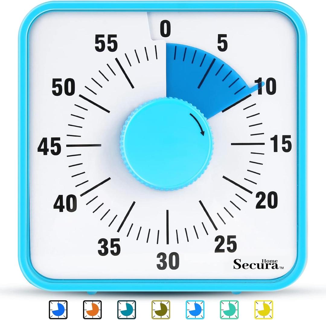 Secura Home 60-Minute Visual Timer, 7.5 Inch Oversize Countdown Timer Clock for Kids and Adults, Durable Mechanical Time Management Tool with Magnetic Backing Sky Blue
