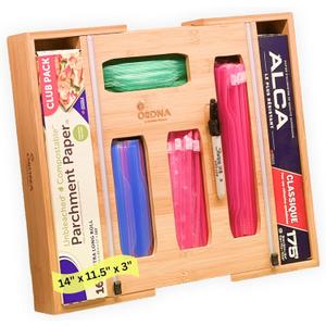 6 IN 1 Bamboo Baggie Organizer for Drawer with Labels, Expandable Storage Bag Organizer with Aluminum Foil and Saran Wrap Cutter Compatible with Quart, Gallon, Sandwich and Snack Size Bags