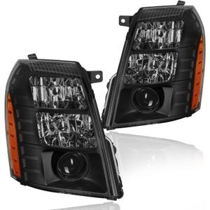 Headlight Assembly, Headlights Kit Compatible with 2007-2014 Cadillac Escalade/2007-2014 Escalade ESV/2007-2013 Escalade EXT Replacement Headlamp Black Housing Amber Reflector