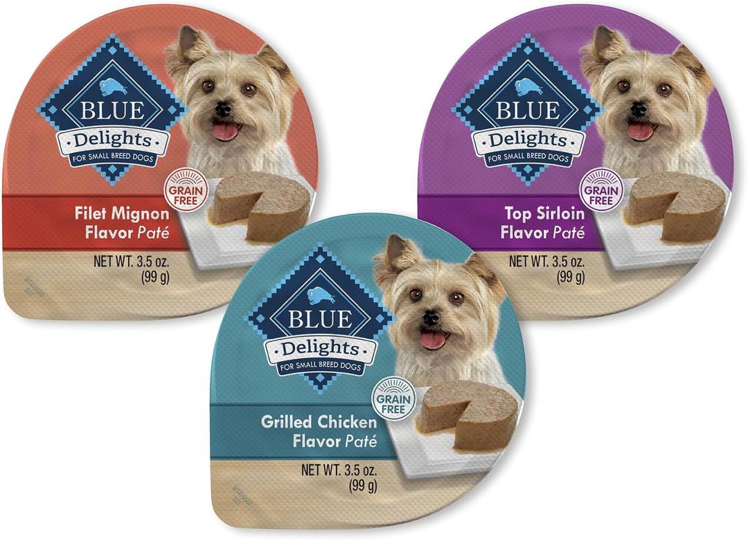 Blue Buffalo Delights Natural Adult Small Breed Wet Dog Food Cups, Pate Style, Chicken, Top Sirloin, and Filet Mignon 3.5-oz (24 Pack- 8 of Each Flavor) (EXP 01/22/27)