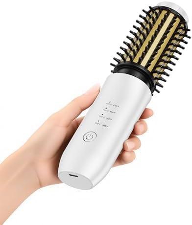Cordless Curling Iron Brush, 1.5 Inch Mini Travel Hair Curler with 200 Million Negative Ions, Portable Heated Round Straightener Brush Rechargeable for Curl, Touch-Up, De-Frizz, Styling, White