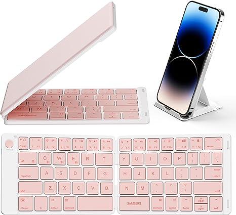 Samsers Bluetooth Foldable Keyboard  Wireless Portable Folding Keyboard, FullSize UltraSlim Rechargeable Connect Up to 3 Devices for iOS, Android, Windows Phone, Tablet, Laptop  Pink