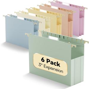 Plastic Hanging File Folders Extra Capacity, 3" Expanding Pocket Letter Size, Expandable Large Pastel Hanging Folders, Adjustable Tabs, Heavy Duty Filing Cabinet Folder for Bulky Files, 6 Pack
