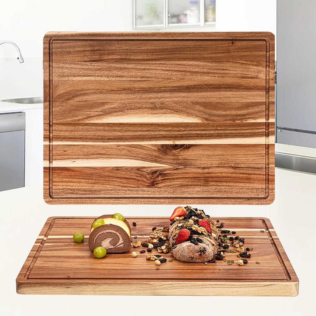 Extra Large Acacia Wood Cutting Board 24"x18" Reversible Wooden Butcher Block for Kitchen with Deep Juice Groove, Side Handles Chopping Board & Serving Tray for Meat, Vegetables, Cheese