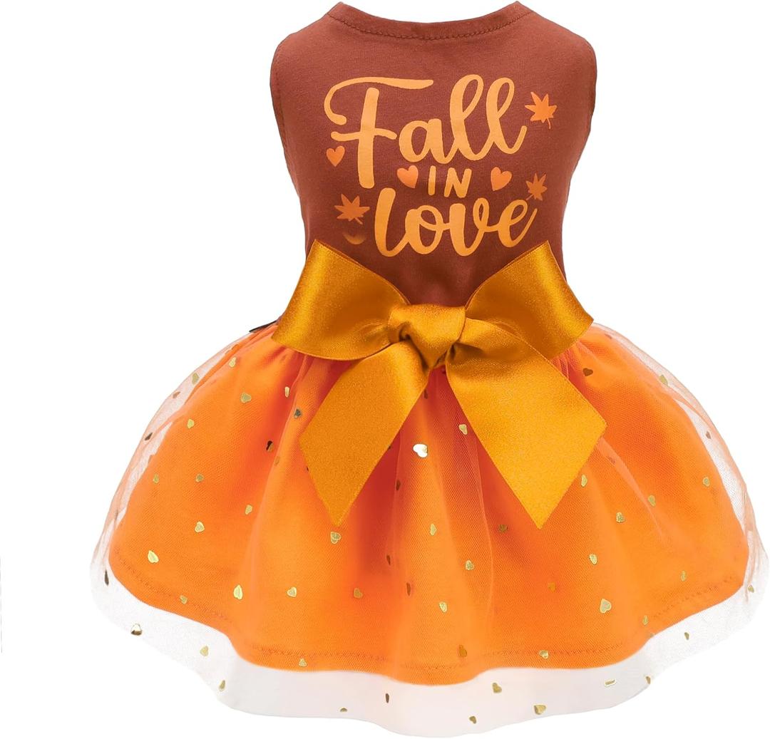 Fitwarm Thanksgiving Fall in Love Dog Dress, Sparkly Dog Clothes for Small Dogs Girl, Holiday Pet Tutu Dress, Cat Outfit, Brown, Orange, XS