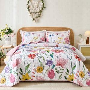 Anibedding Quilt Set Full Size, Reversible Pink Floral Bedspread Soft Microfiber Lightweight Quilt Bedding Sets Flower Coverlet for All Season(Full, 78"x90")