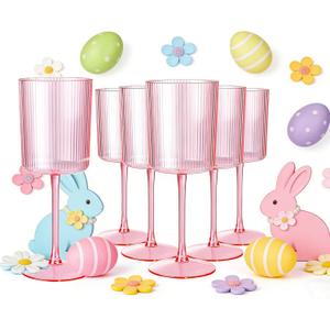 Ciaell 12 PCS Pink Plastic Ribbed Wine Glasses - 10 OZ Plastic Square Wine Glasses with Stem - Disposable Champagne Cups for Parties & Weddings & Easter
