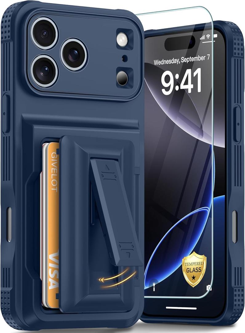 For IPhone 17 Pro Max Case with Card Holder4-5 Cards[9H Screen Protector ][Full Camera Protection][RFID Blocking][Hidden Kickstand] Rugged Heavy Duty Wallet Case for iPhone 17 Pro Max Dark Blue