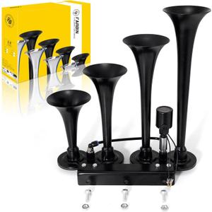 FARBIN 4 Trumpet Air Horn 12/24V Train Horn 178DB Truck Air Horn Super Loud Air horn with Electric Solenoid Universal for Train Truck SUV Boat Metal Black(black Parallel 4-tube 12/24V)
