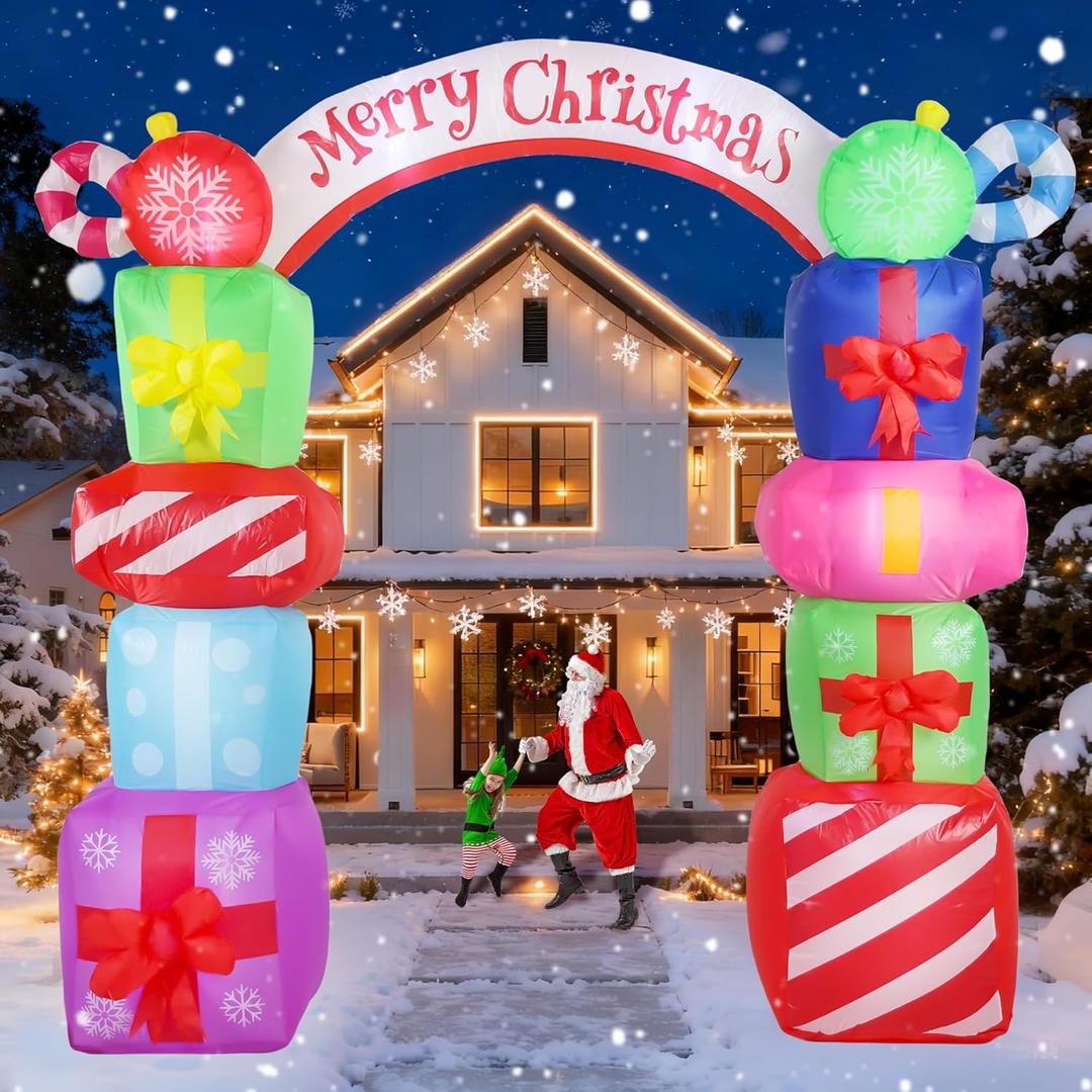 9FT Christmas Inflatables Decorations, Outdoor Gift Boxes Arch Giant Blow Up with Built-in LED Lights for Yard Garden Lawn Holiday Decor
