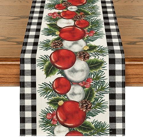 Artoid Mode Black White Buffalo Plaid Xmas Ball Holly Christmas Table Runner, Winter Kitchen Dining Table Decoration for Outdoor Home Party 13x108 Inch