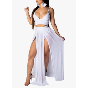 Women Sexy 2 Piece Outfits Dress Chiffon Strap Deep V Neck Bra Crop Top High Split Maxi Dresses Skirt Set, Medium