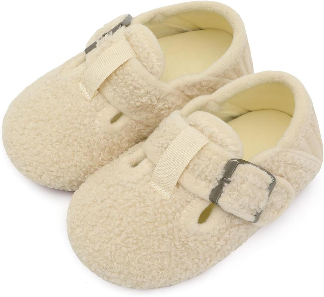 L-RUN Toddler Slippers Wide Cozy Boys Girls House Slippers Non-slip Kids Soft Plush Indoor House Shoes for Winter Warm (Beige)