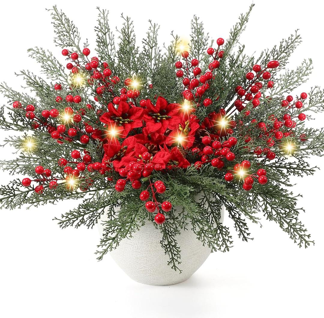 Suncalla
2 Pack Lighted Artificial Christmas Pick Pine Branches with Red Berry Stems 17 Inch Real Touch Faux Norfolk Cedar Branch with Flower for Vase Garland Xmas Home Decoration Craft (Cedar Pine)