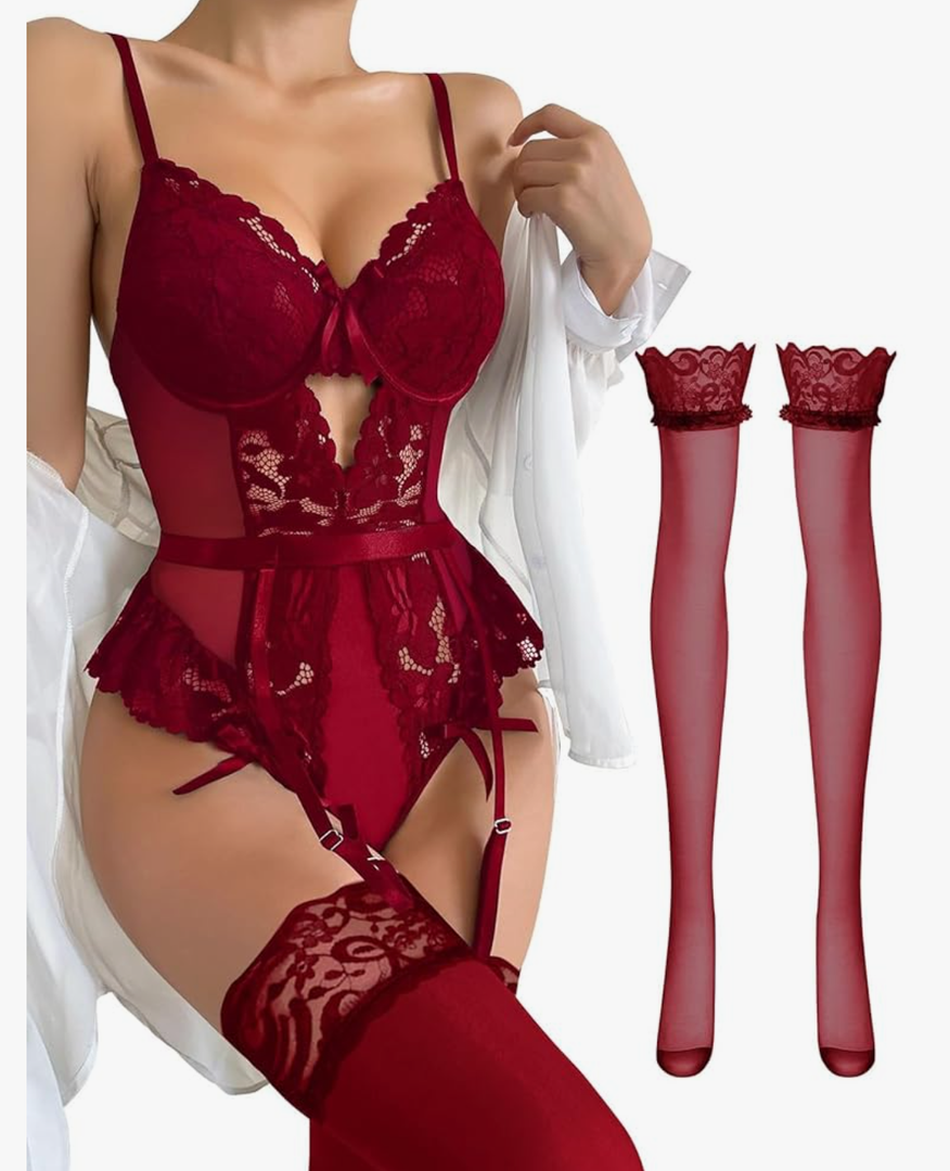 Lilosy Sexy Stocking Lace Mesh Bodysuit Top Underwire Garter Lingerie Set 3 Piece, Size Large