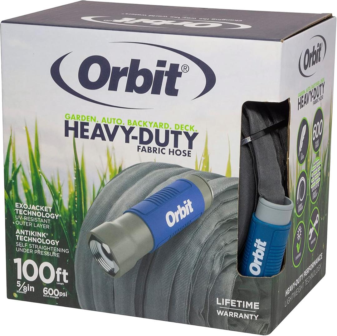 Orbit ExoJacket Fabric Garden Hose  100 ft x 5/8 in  HeavyDuty Fabric  Durable ExoJacket Construction  Antikink Technology for Constant Water Flow  Lightweight ProfessionalGrade Hose  33180