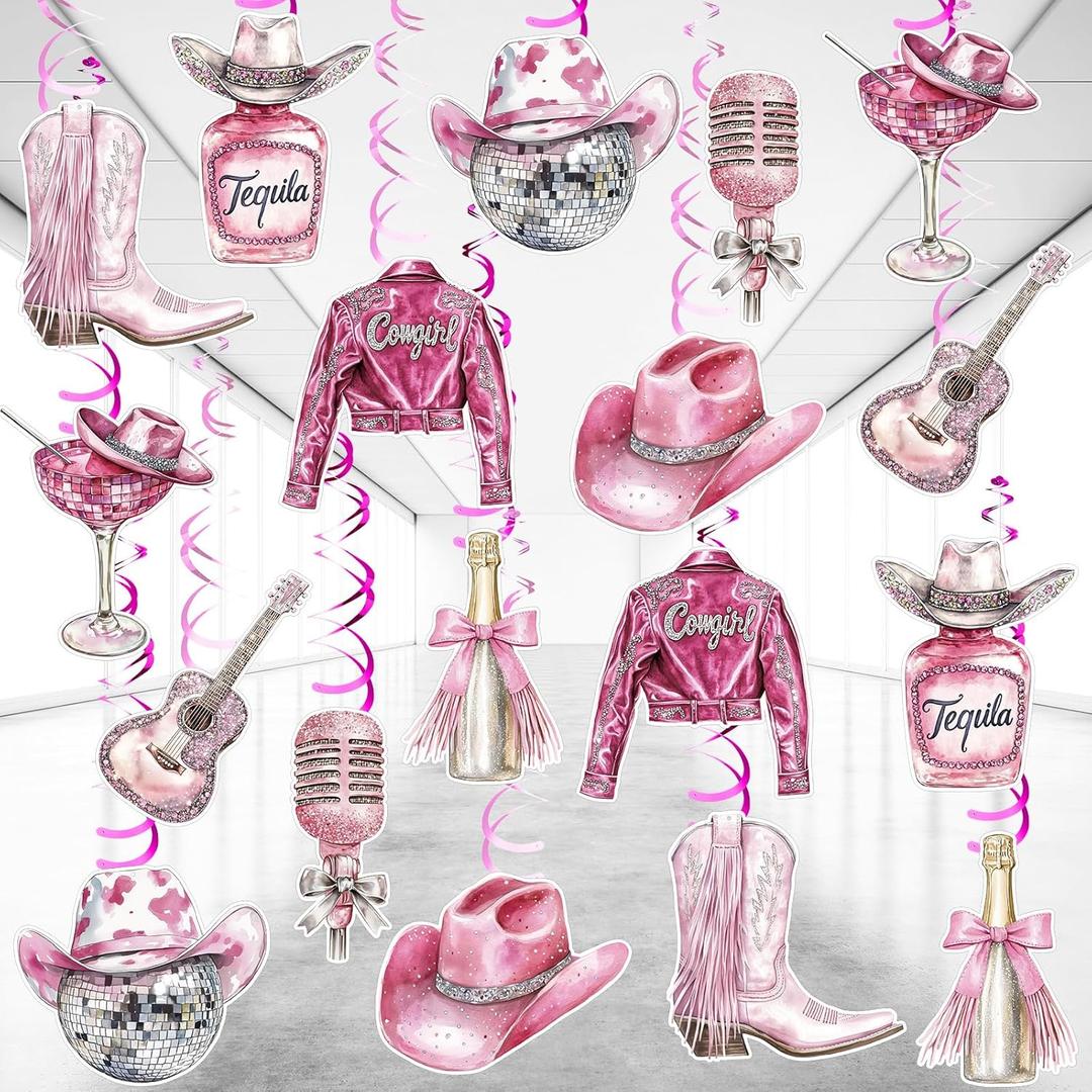 Feifeiya 54 Pcs Disco Cowgirl Party Decorations, Rodeo Bachelorette Party Decorations Hot Pink Glitter Coquette Hanging Swirls Ceiling Decor for Disco Western Cowgirl Birthday Supplies for Women